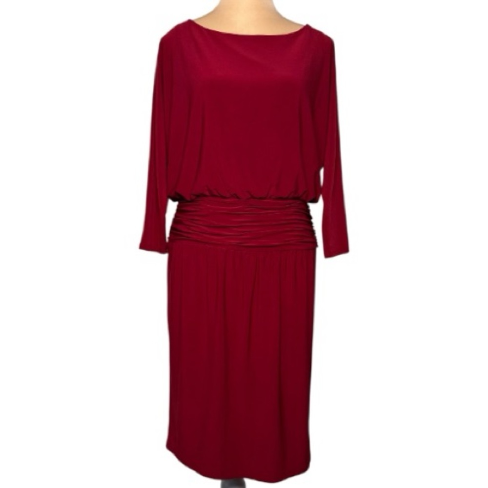 Evan-Picone Red Ruched 3/4 Dolman Sleeves Midi Holiday Dress Size 6
